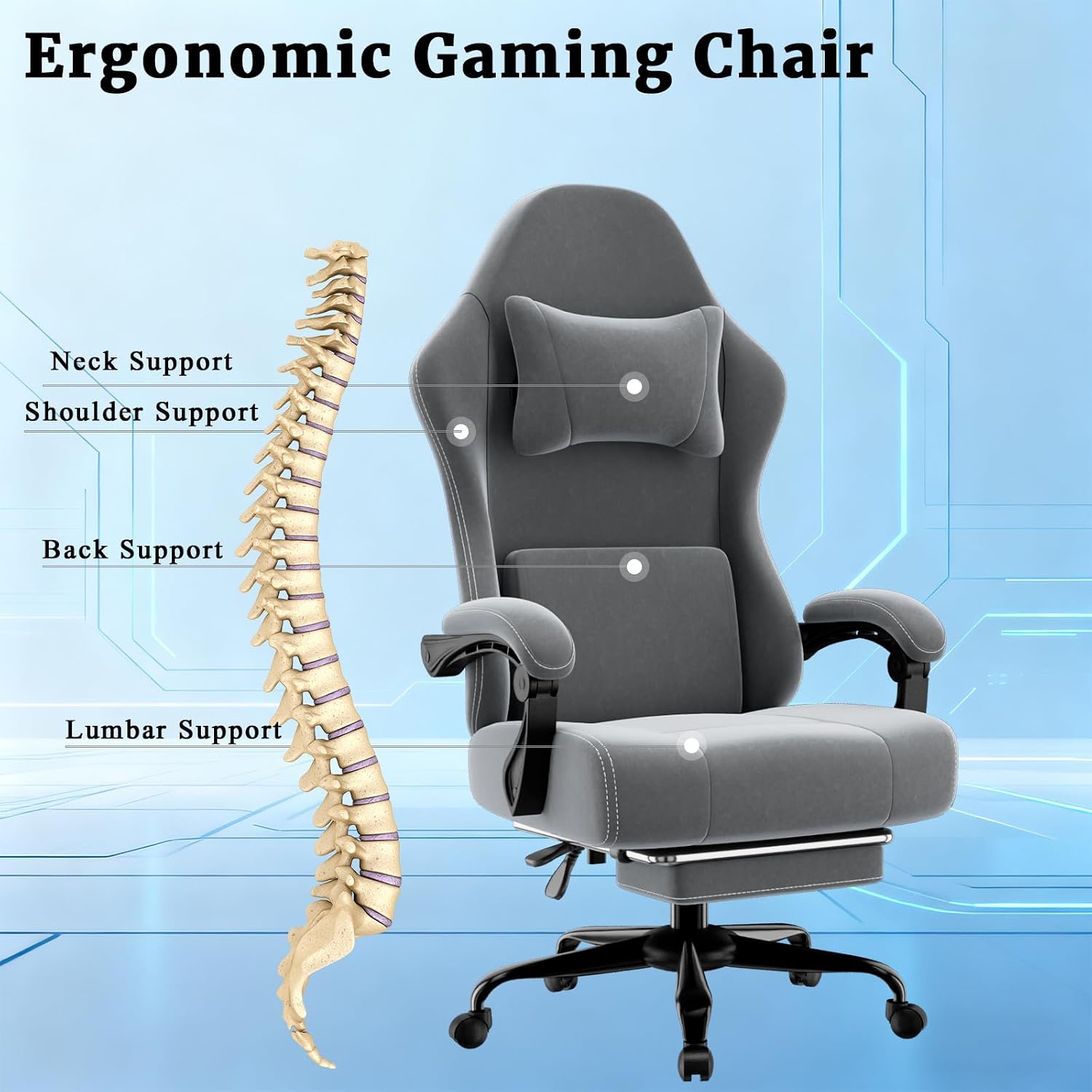 Massage Gaming Chair for Adults, Ergonomic Video Game Chair with Lumbar Support and Footrest, Height Adjustable Fabric Computer Chair with Pocket Spring Cushion (Light Gray)