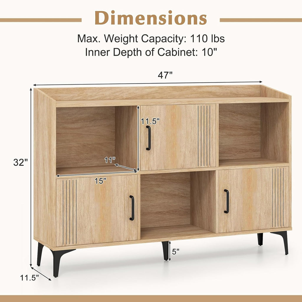 Giantex Storage Cabinet, Sideboard with 3 Doors, 3 Open Compartments, Bookcase with 5 Raised Metal Legs, Buffet Table, Bookshelf, Floor Cabinet for Living Room Display, Dining Room, Entryway, Oak