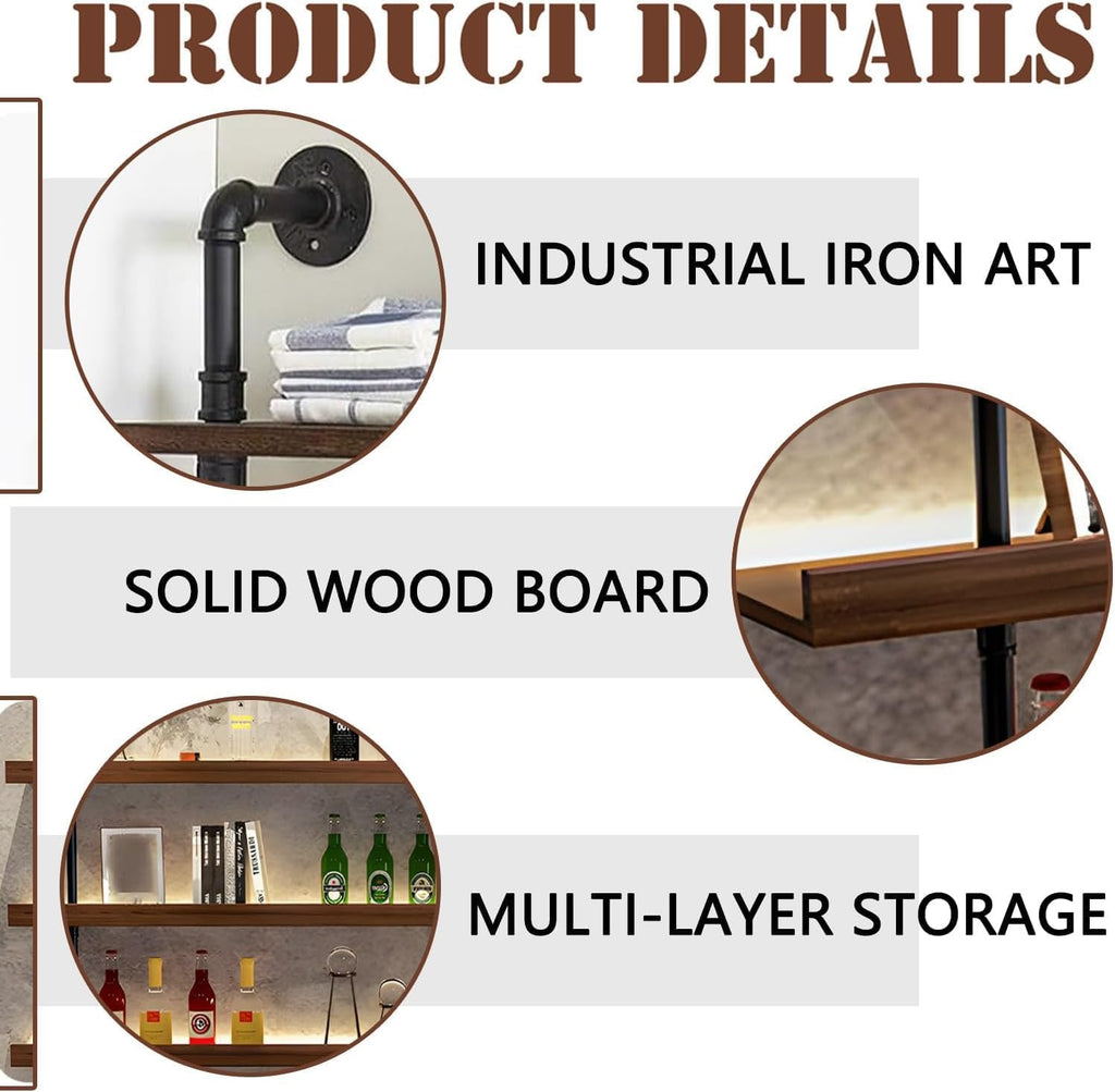 47.2in Solid Wood Wine Rack Wall Mounted with LED Light | 2 water pipes/Supports 440 lbs/Suitable for hotels and bars/Solid brick / cinder block walls/solid wood panel walls