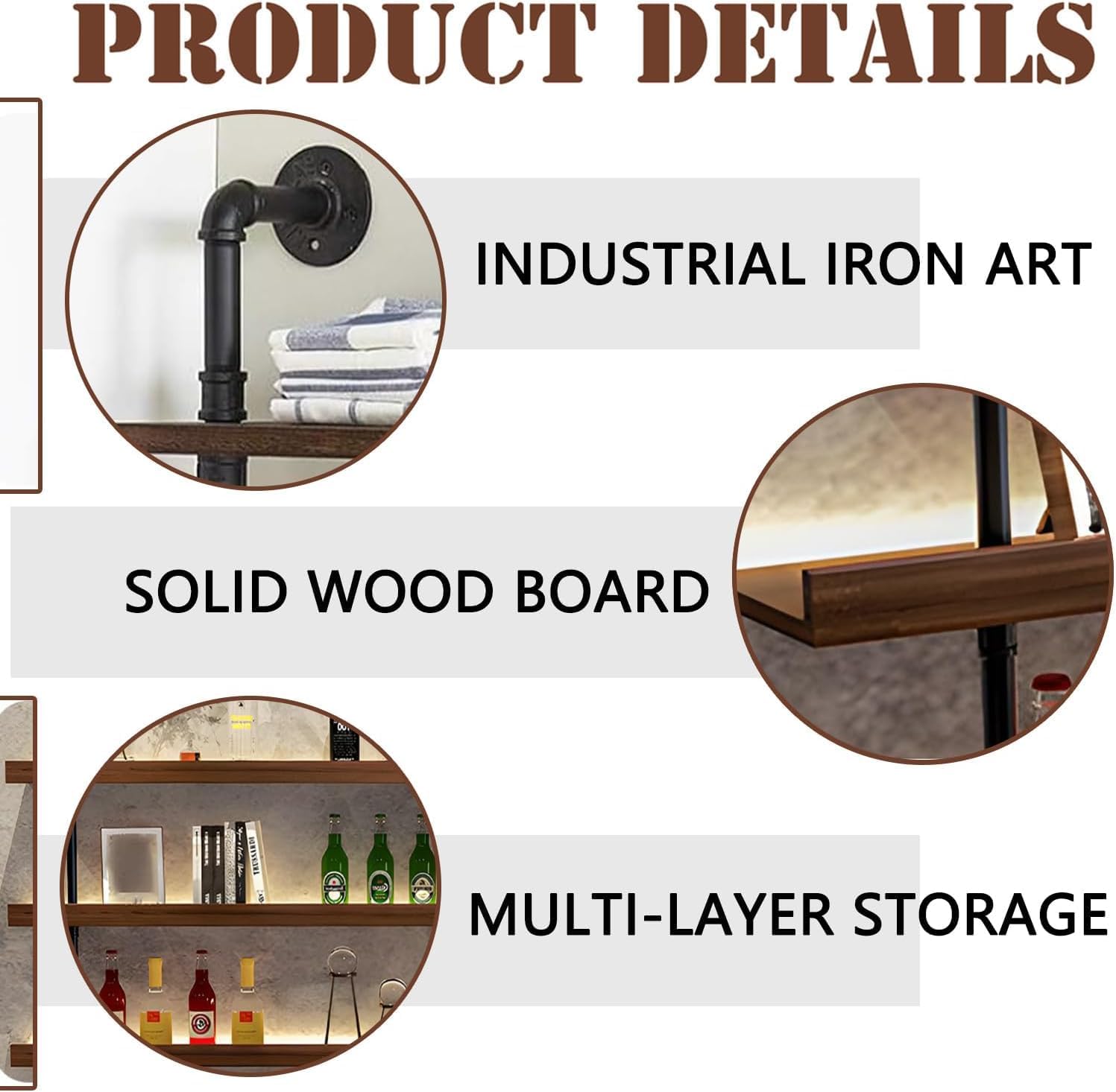 47.2in Solid Wood Wine Rack Wall Mounted with LED Light | 2 water pipes/Supports 440 lbs/Suitable for hotels and bars/Solid brick / cinder block walls/solid wood panel walls