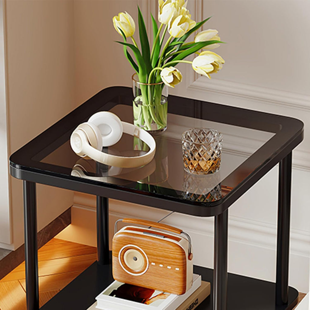 EASYSOUL Small Square Glass Coffee Tables for Living Room, 15.75 x 15.75 x 20.87 in, Side Table with 2 Drawers, Simple & Modern Nightstands for Small Space, Black End Tables (Black)