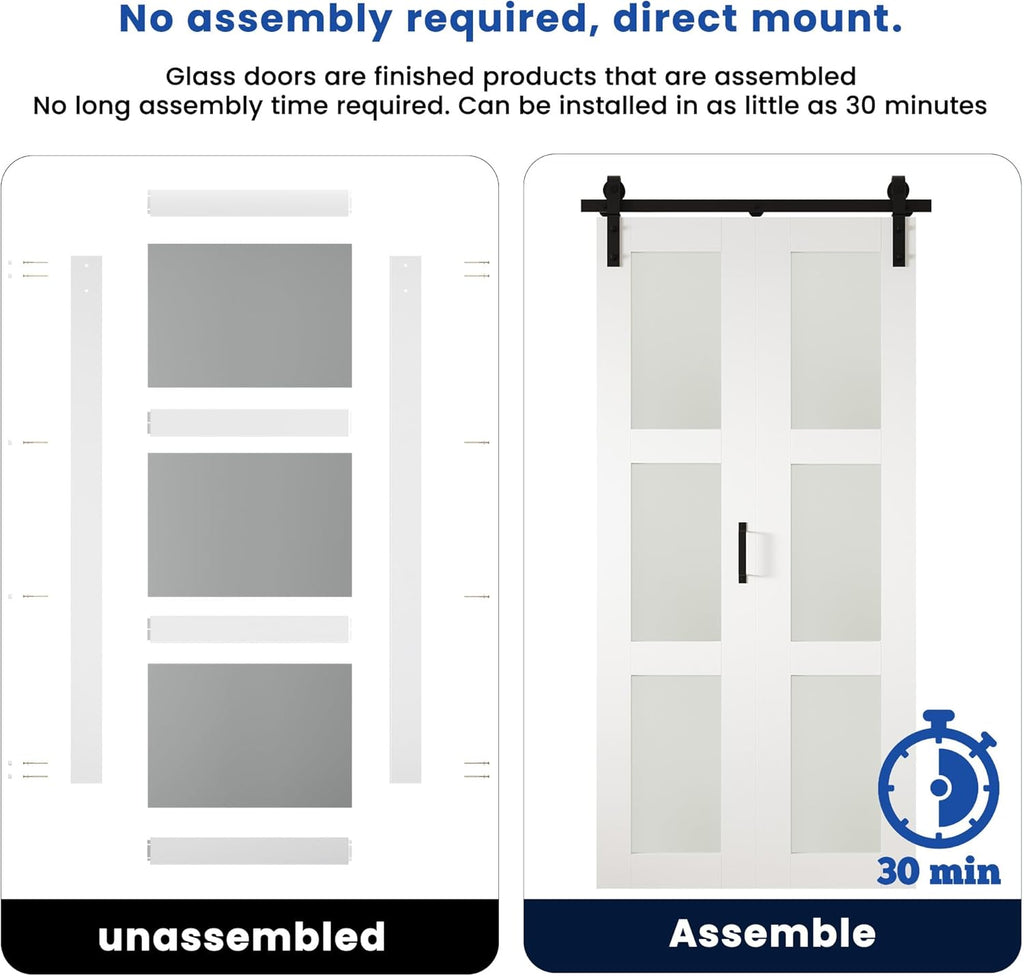 SMARTSTANDARD 64in x 84in Bifold Barn Door, Frosted Glass Barn Door with Hardware Kit Included, Pre-Drilled Holes Easy Assembly -Solid Barn Doors Slab Covered with Water-Proof PVC Surface, White