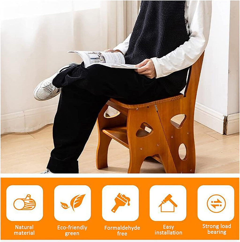 Wooden Folding Library Ladder Chair, 4-Storey Portable Multi-Function Step Stool, Indoor and Outdoor Display Rack Flower Rack (Walnut)