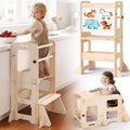 4-in-1 Toddler Kitchen Step Stool, Foldable Learning Standing Tower with Whiteboard, Wooden Kitchen Stool Helper for Kids, 1-3 Year Old Boy Girl Gifts