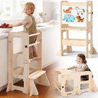 4-in-1 Toddler Kitchen Step Stool, Foldable Learning Standing Tower with Whiteboard, Wooden Kitchen Stool Helper for Kids, 1-3 Year Old Boy Girl Gifts