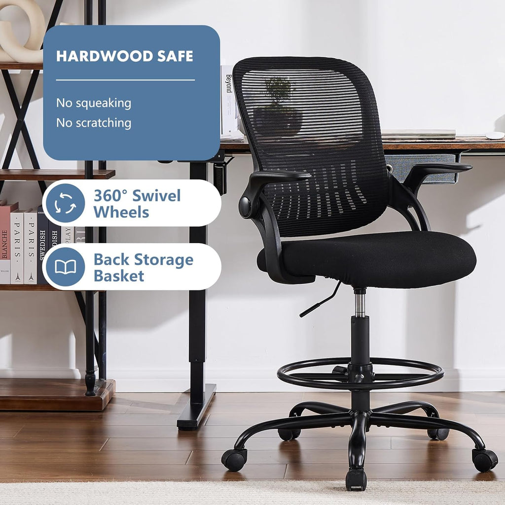 DUMOS Drafting Chair with Flip-up Arms, Tall Office Standing Desk Chair with 360° Swivel Rolling Wheels, Counter Height Adjustable, High Ergonomic Mesh Computer Chairs, Ink
