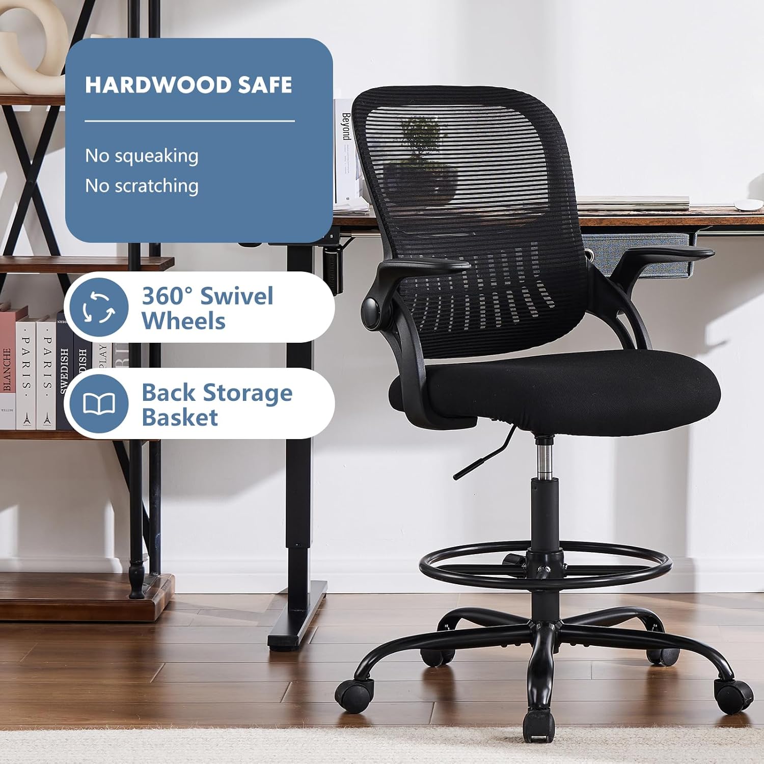 DUMOS Drafting Chair with Flip-up Arms, Tall Office Standing Desk Chair with 360° Swivel Rolling Wheels, Counter Height Adjustable, High Ergonomic Mesh Computer Chairs, Ink