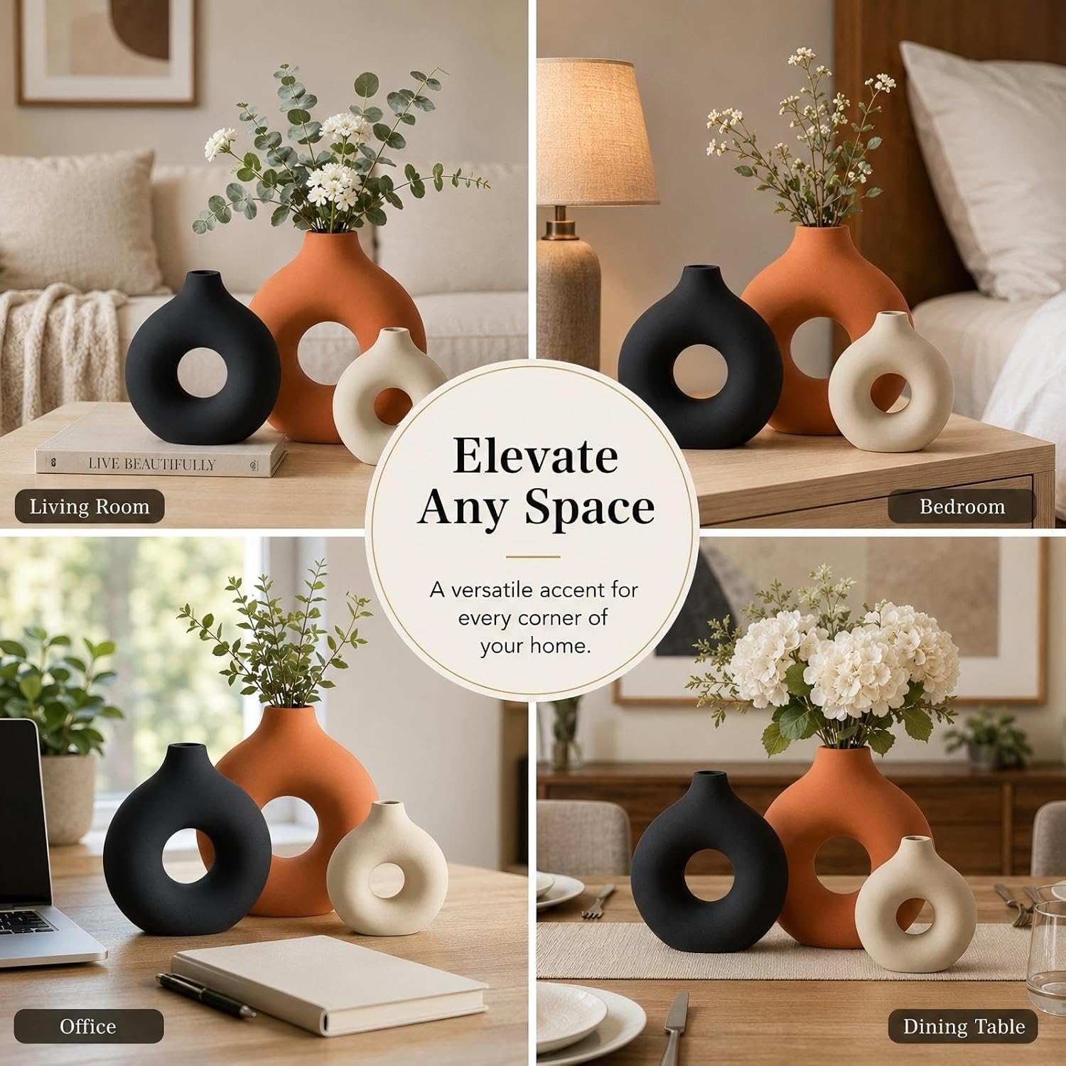 3 Pcs Ceramic Vase Rust for Modern Home Decor Round Circle Matte Boho Donut Vase for Table Decor Living Room Minimalist Nordic, 9.4", 7.7", 5.6"