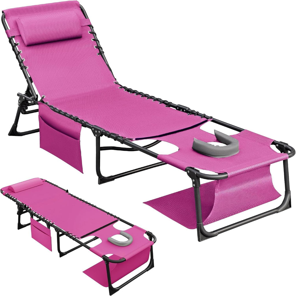 Flamaker Oversize Face Down Chaise Lounge Chair, 27 Inch WideFoldable Outdoor Patio Chair, 5-Position Adjustable Tanning Chairwith Face& Arm Holes for Sunbathing, Pool, Beach, Lawn (Pink, 1Pcs)