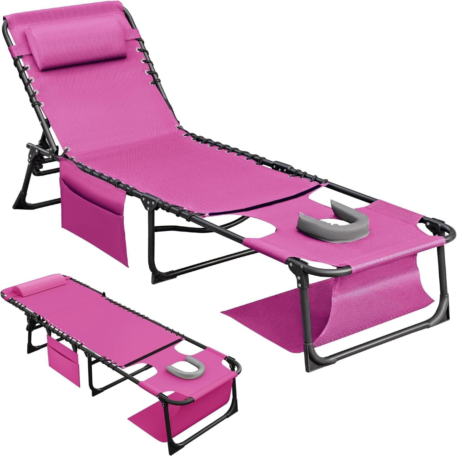 Flamaker Oversize Face Down Chaise Lounge Chair, 27 Inch WideFoldable Outdoor Patio Chair, 5-Position Adjustable Tanning Chairwith Face& Arm Holes for Sunbathing, Pool, Beach, Lawn (Pink, 1Pcs)