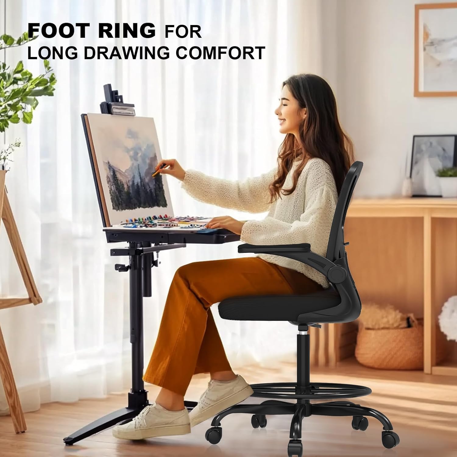 Synorla Ergonomic Drafting Chair, Tall Office Chair with Flip-up Armrests, Breathable Mesh High Desk Chair with Lumbar Support Adjustable Footrest Ring for Standing Desk Black