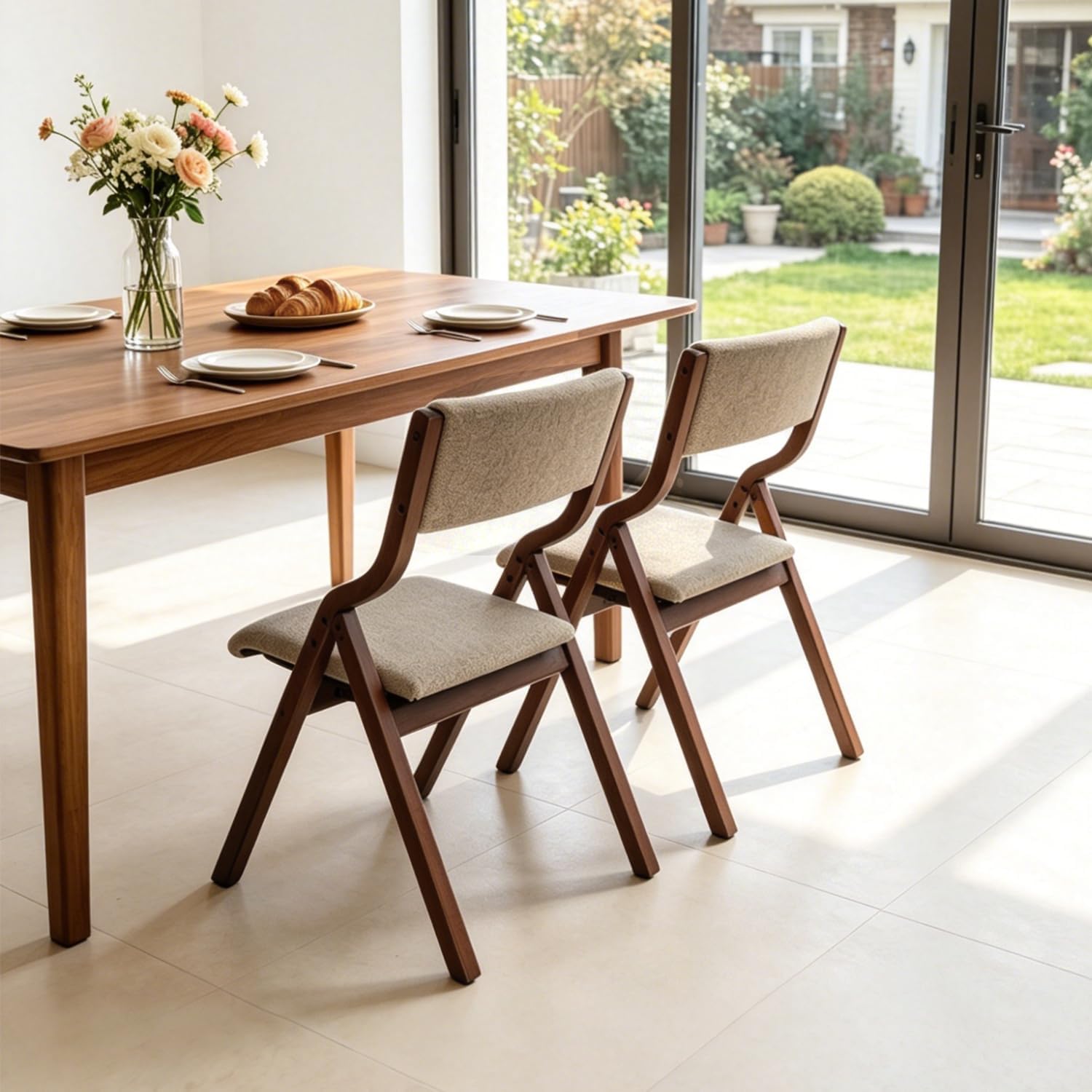 CangLong Foldable Chair Set of 2, Walnut+Light Coffee | Padded Fabric Chairs with Solid Wood Frame, Stackable and Assembled, for Guests Kitchen Office Wedding Party