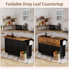 60" Kitchen Island with Folding Drop Leaf & Power Outlet-Rolling Kitchen Island with Spice Rack,Towel Rack, 2 Drawers-Island Table for Kitchen with Trash Storage Cabinet,Black