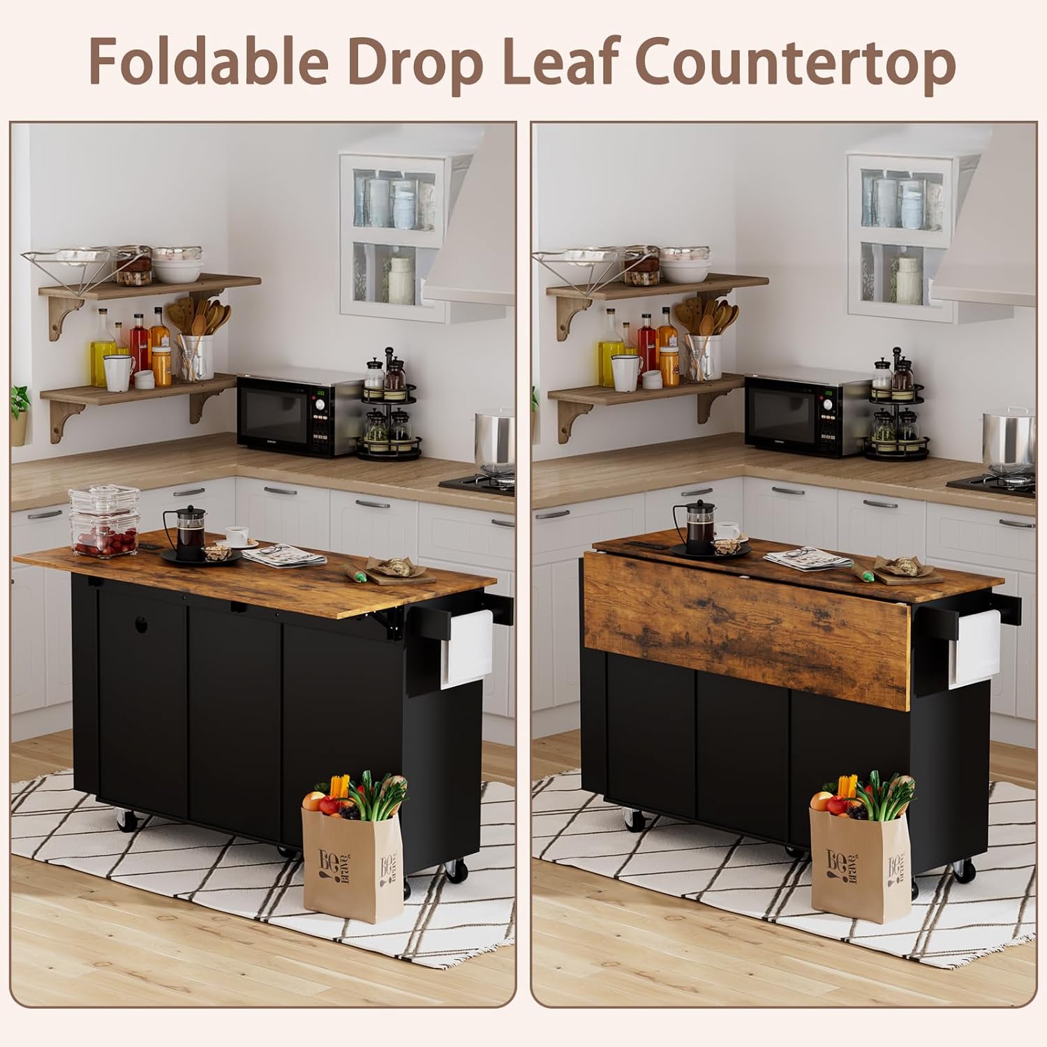 60" Kitchen Island with Folding Drop Leaf & Power Outlet-Rolling Kitchen Island with Spice Rack,Towel Rack, 2 Drawers-Island Table for Kitchen with Trash Storage Cabinet,Black