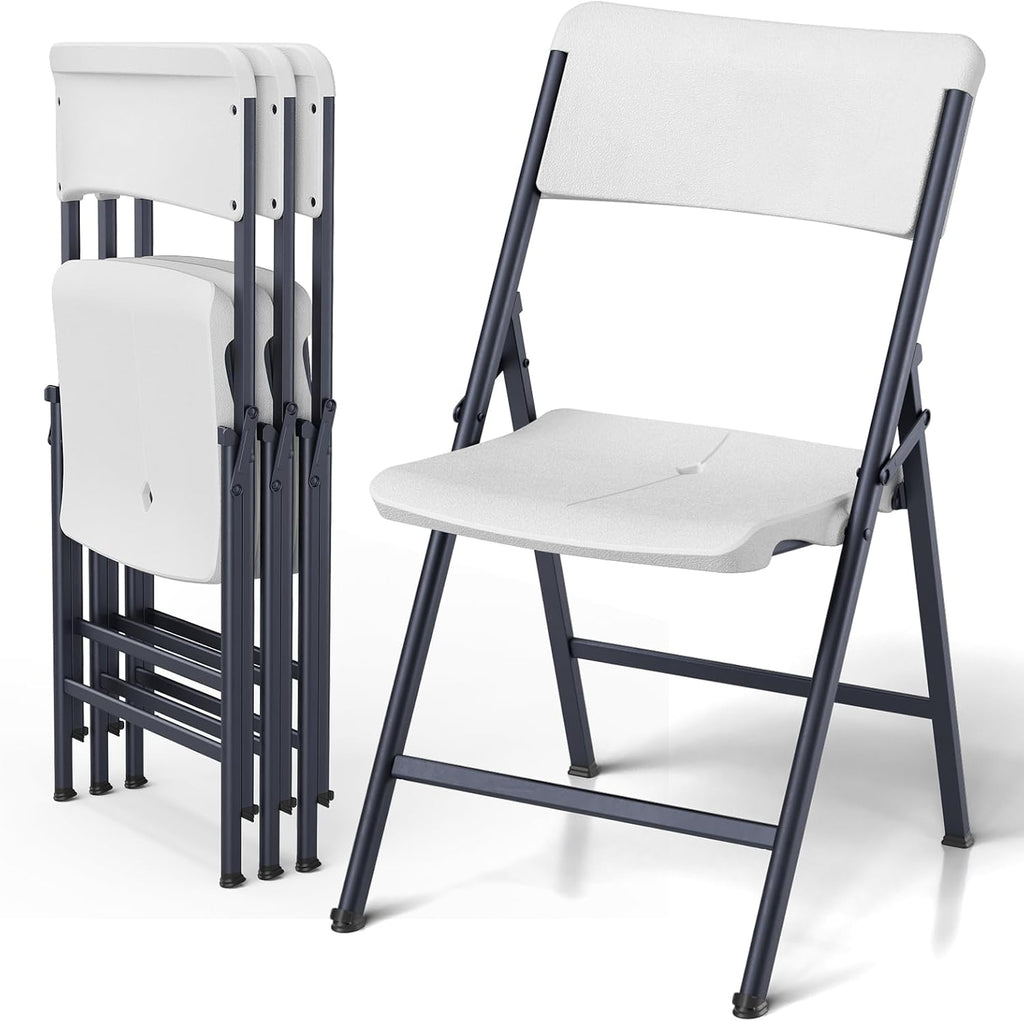 White Folding Chairs 4 Pack, Outdoor Portable Plastic Foldable Chairs with Metal Frame, 300lbs Capacity Heavy Duty Folding Chairs for Patio, Picnic, Kitchen, Dining, Party
