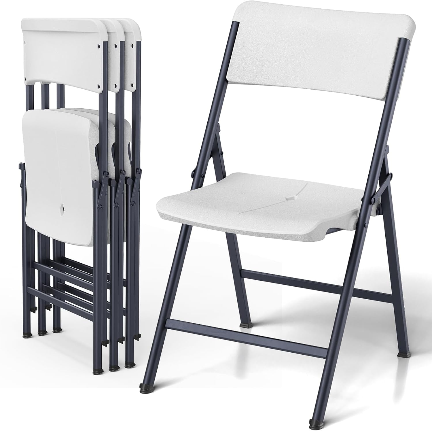 White Folding Chairs 4 Pack, Outdoor Portable Plastic Foldable Chairs with Metal Frame, 300lbs Capacity Heavy Duty Folding Chairs for Patio, Picnic, Kitchen, Dining, Party