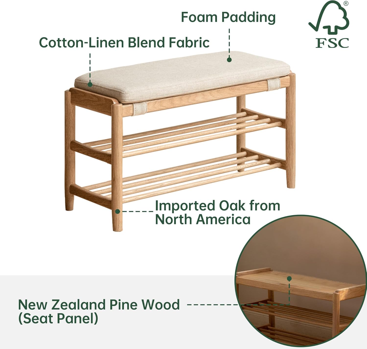 YESWOOD Solid Wood Shoe Bench Assembled, Shoe Rack Bench with Cushion for Entryway, Living Room, Bedroom, Hallway, 31.49“ x 11.81” x 17.71", Nature