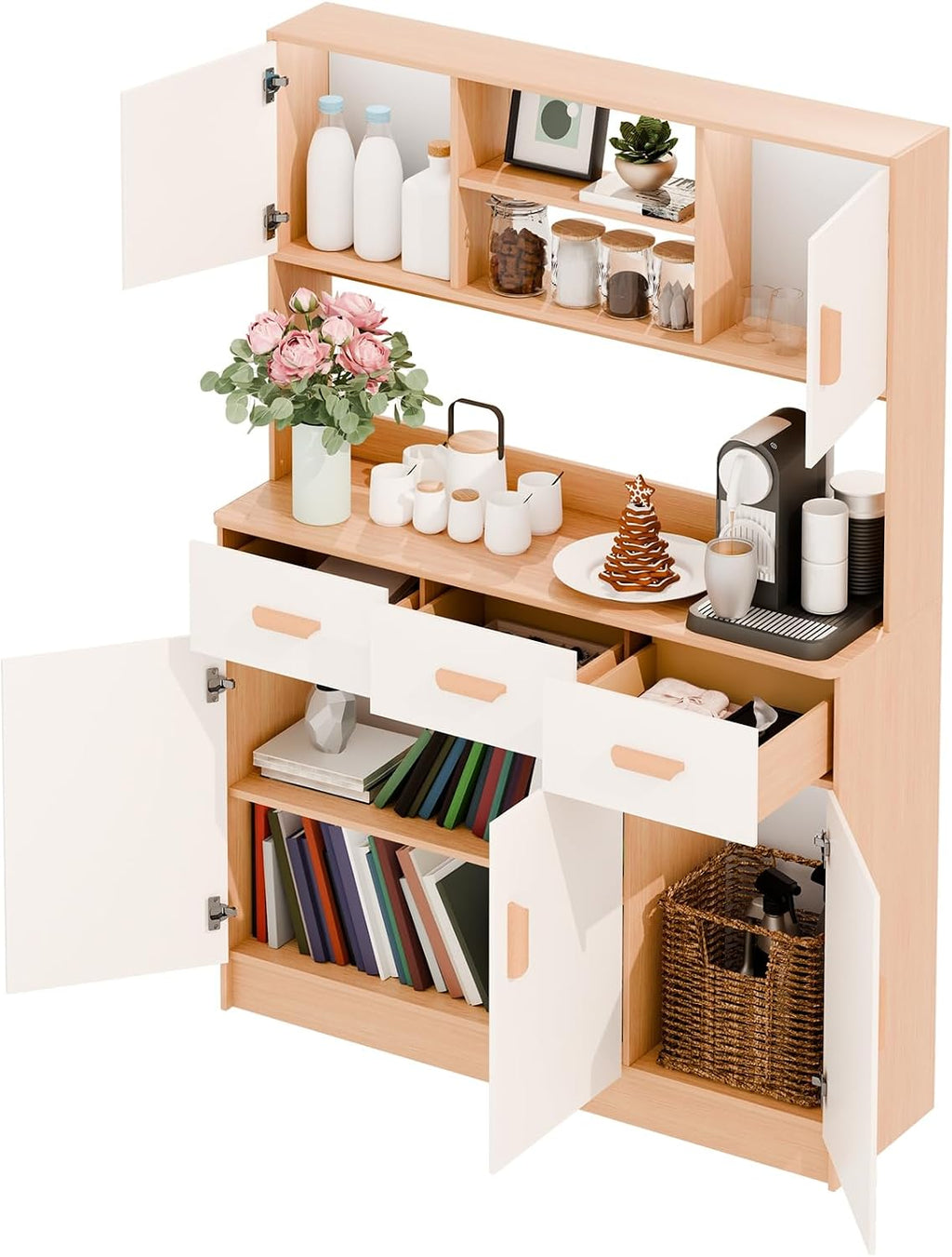 Storage Cabinet, Kitchen Pantry Storage Cabinet, Drawer and Adjustable Shelves with Buffet Cupboard, Microwave Stand for Kitchen, Living Room, Dining Room Wooden Color