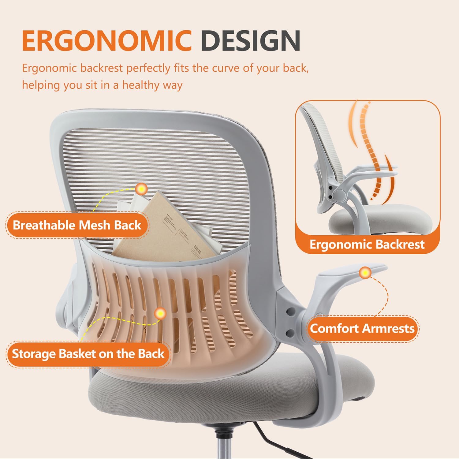 Drafting Chair, Desk Chair with Flip-Up Armrests, High Desk Chair Adjustable Height, Ergonomic Tall Office Chair with Lumbar Support and Adjustable Footrest Ringand Flip-up Armrests (Gray)