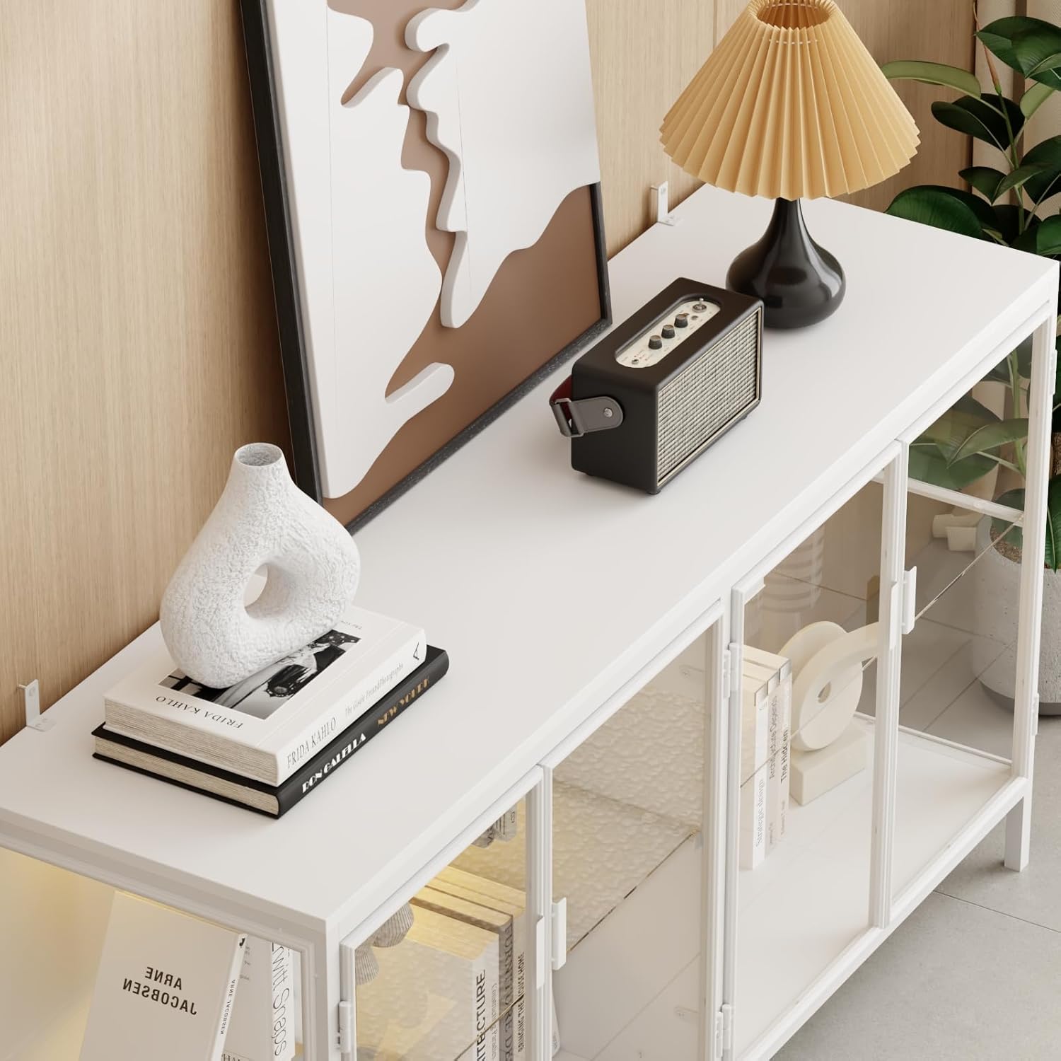 FUFU&GAGA Sideboard Buffet with LED Lights, Glass Doors, Modern Display Cabinet with Glass Shelves, White Cupboard Credenza with Metal Leg, for Living Room Kitchen, 55.1”W x 15.7”D x 29.5”H