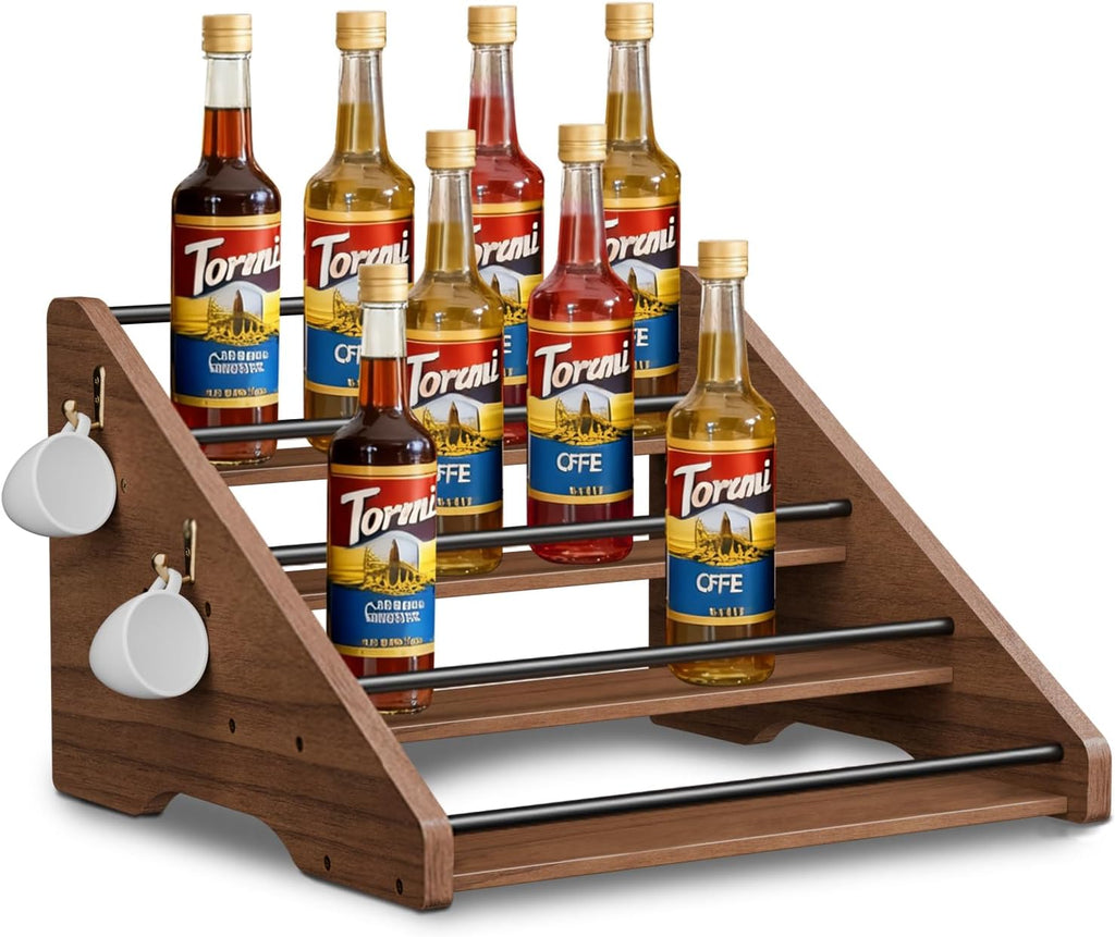 Coffee Syrup Organizer, 4-Tier Solid Wood Syrup Rack, Wine Rack, Storage Organizer for 16 Syrup Bottles/Spice Jars/Liquor Bottles, Sturdy Storage Stand for Coffee Bar