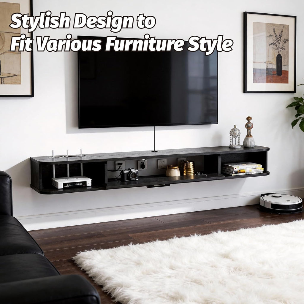 Floating TV Unit, 47'' Wall Mounted TV Cabinet, Floating Shelves with Door, Modern Entertainment Media Console Center Large Storage TV Bench for Living Room & Office (47.24IN, Black)