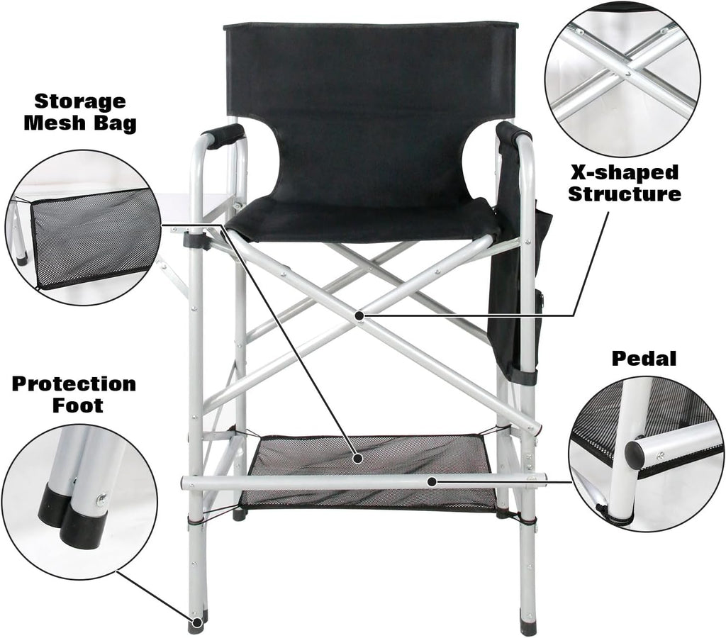 Makeup Chair for Makeup Artist 45.6'', Tall Directors Chairs Foldable for Clients with Side Table Cup Holder Storage Bag and Footrest, Folding Chair 400lbs Capacity Black