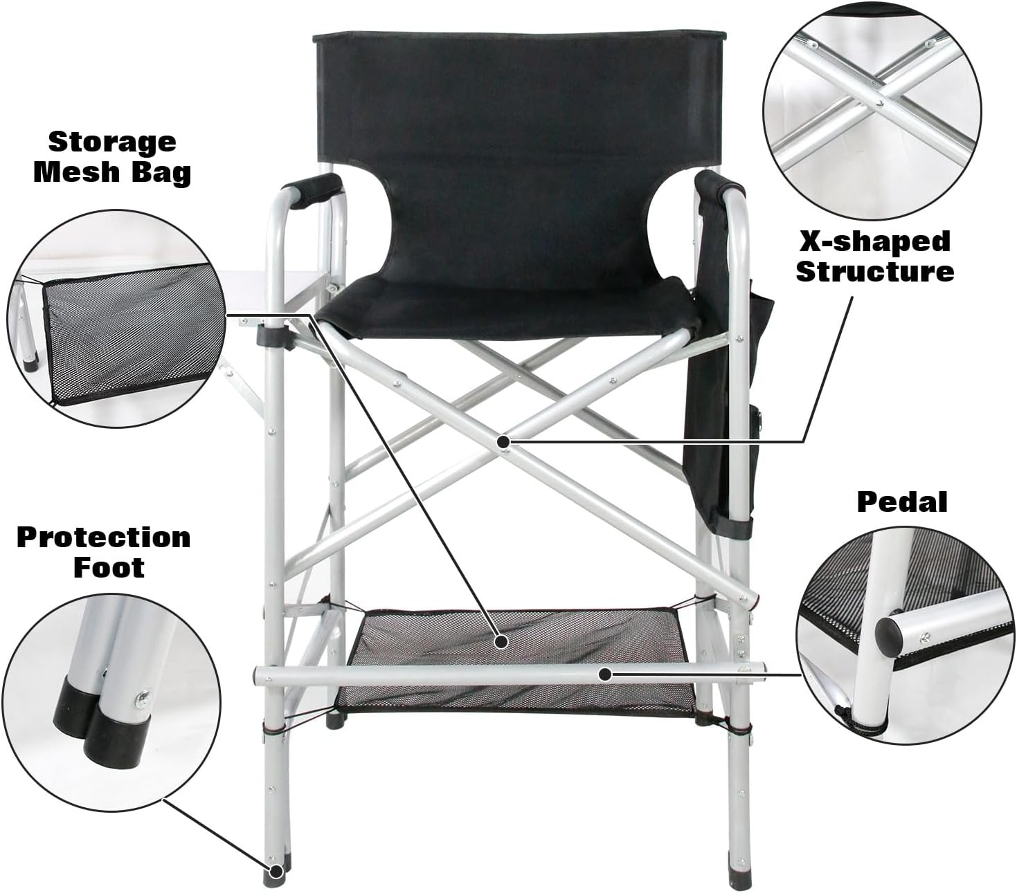 Makeup Chair for Makeup Artist 45.6'', Tall Directors Chairs Foldable for Clients with Side Table Cup Holder Storage Bag and Footrest, Folding Chair 400lbs Capacity Black