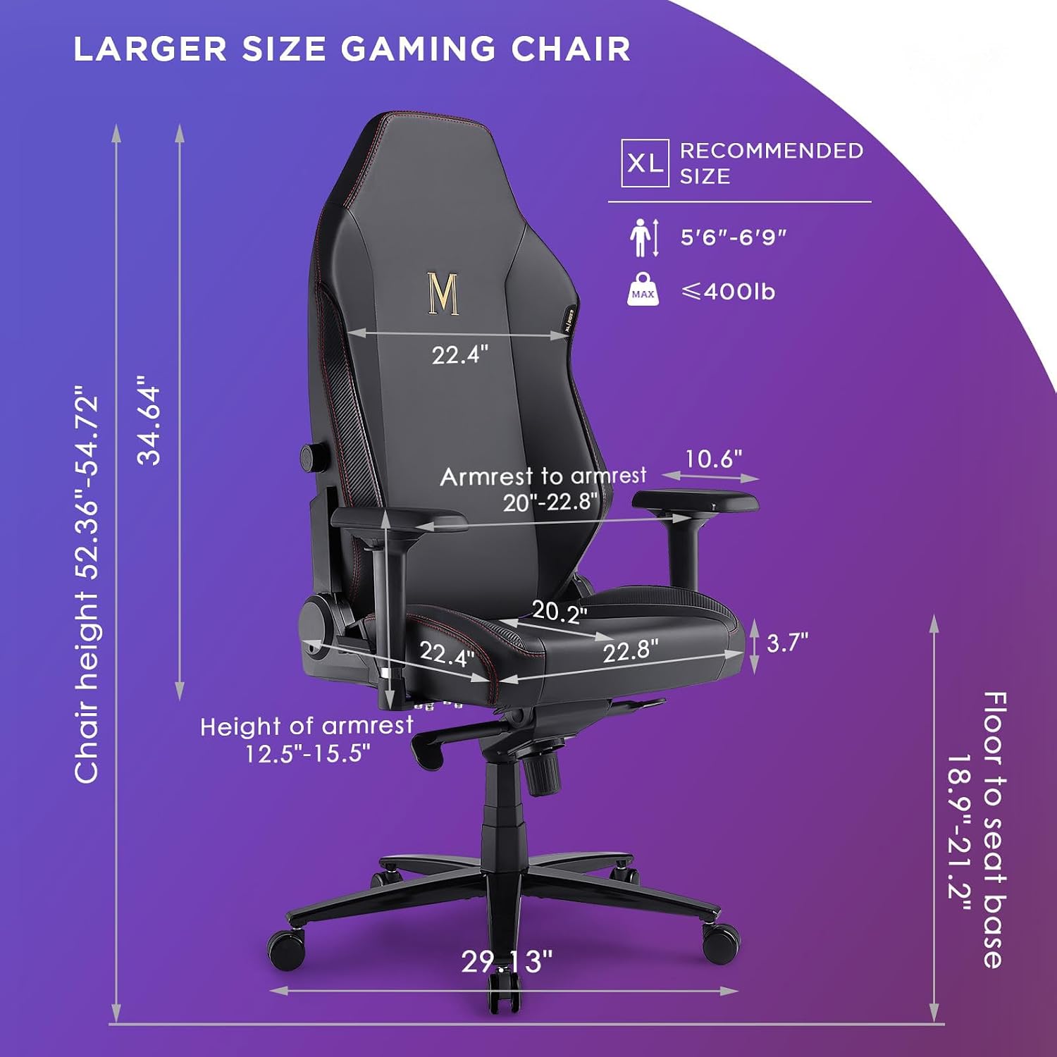 Large Ergonomic Gaming Chair, Big & Tall Computer Chair with 4D Armrests, Magnetic Headrest, Adjustable Lumbar Support, Reclining Office Chair for Home & Gaming Room, Black PU Leather, X-Large