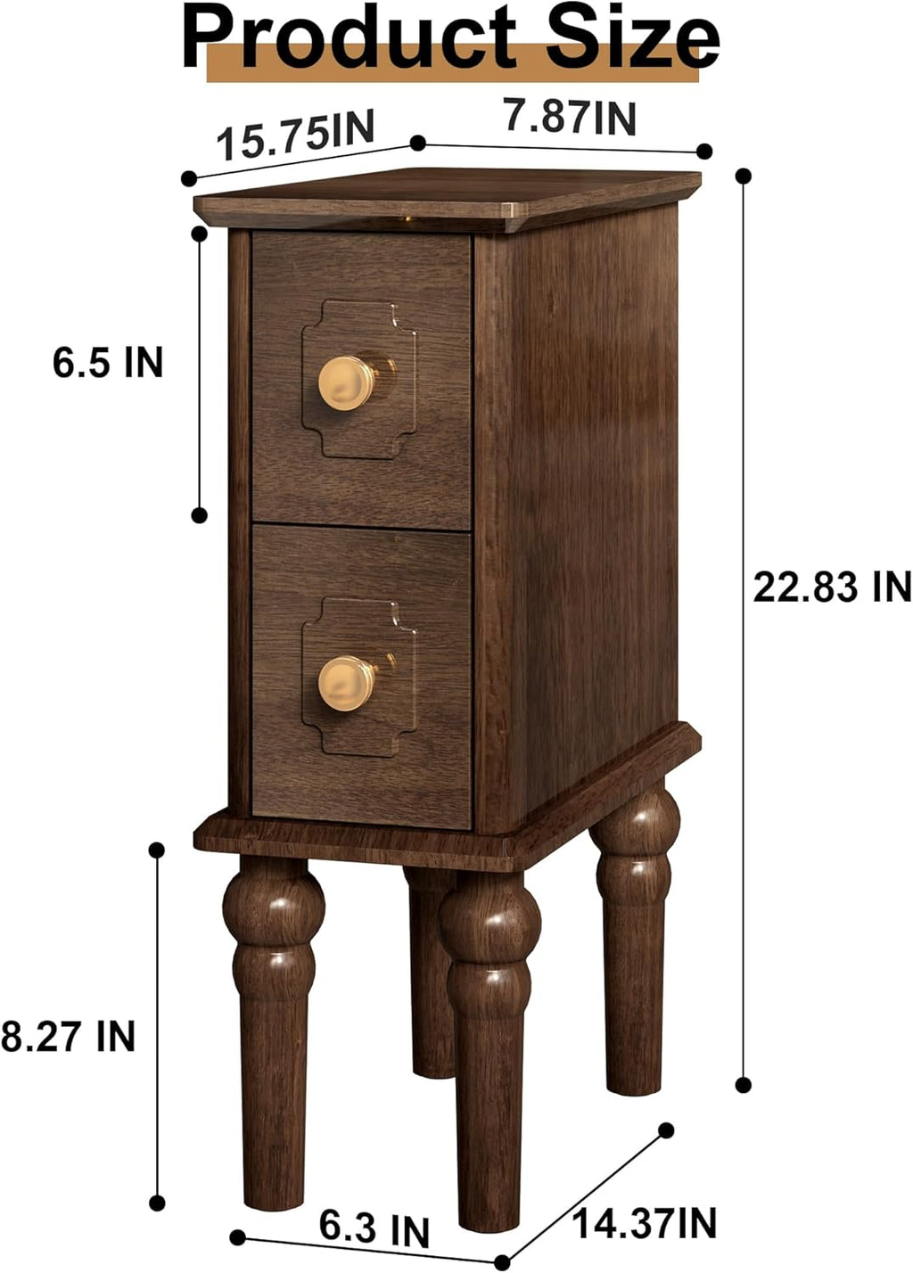 Solid Wood End Table, Walnut Narrow Side Table with Drawers, Small Nightstand Skiny Beside Table for Small Space, Living Room, Bedroom, 8" Width