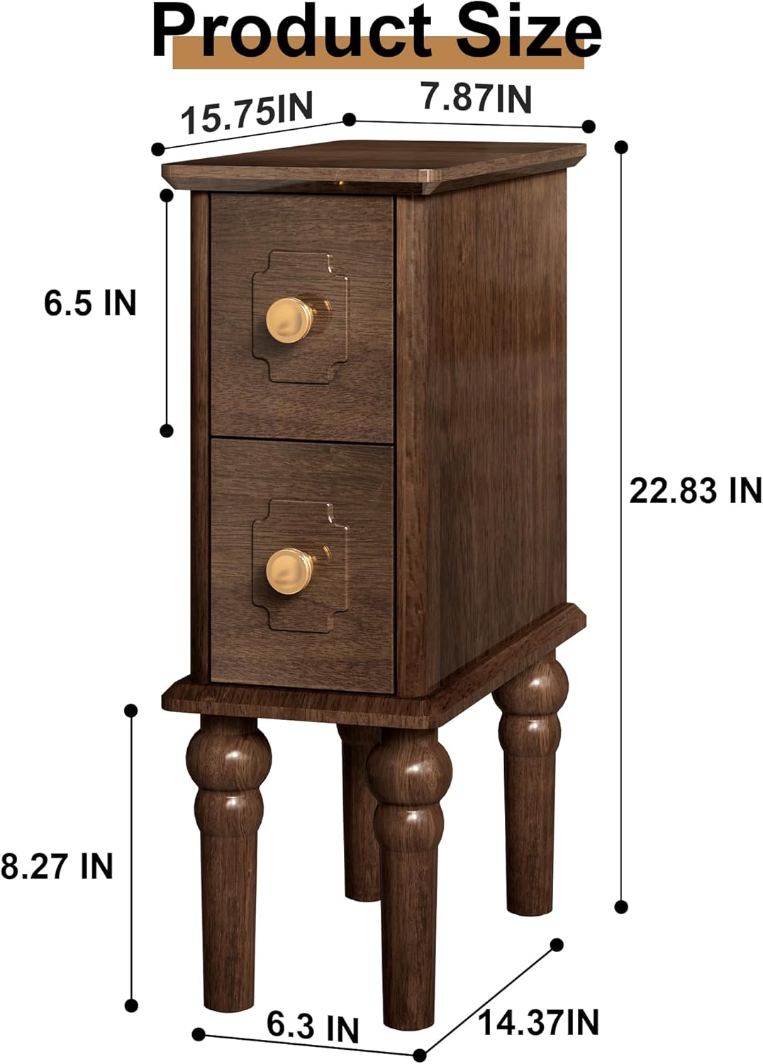 Solid Wood End Table, Walnut Narrow Side Table with Drawers, Small Nightstand Skiny Beside Table for Small Space, Living Room, Bedroom, 8" Width