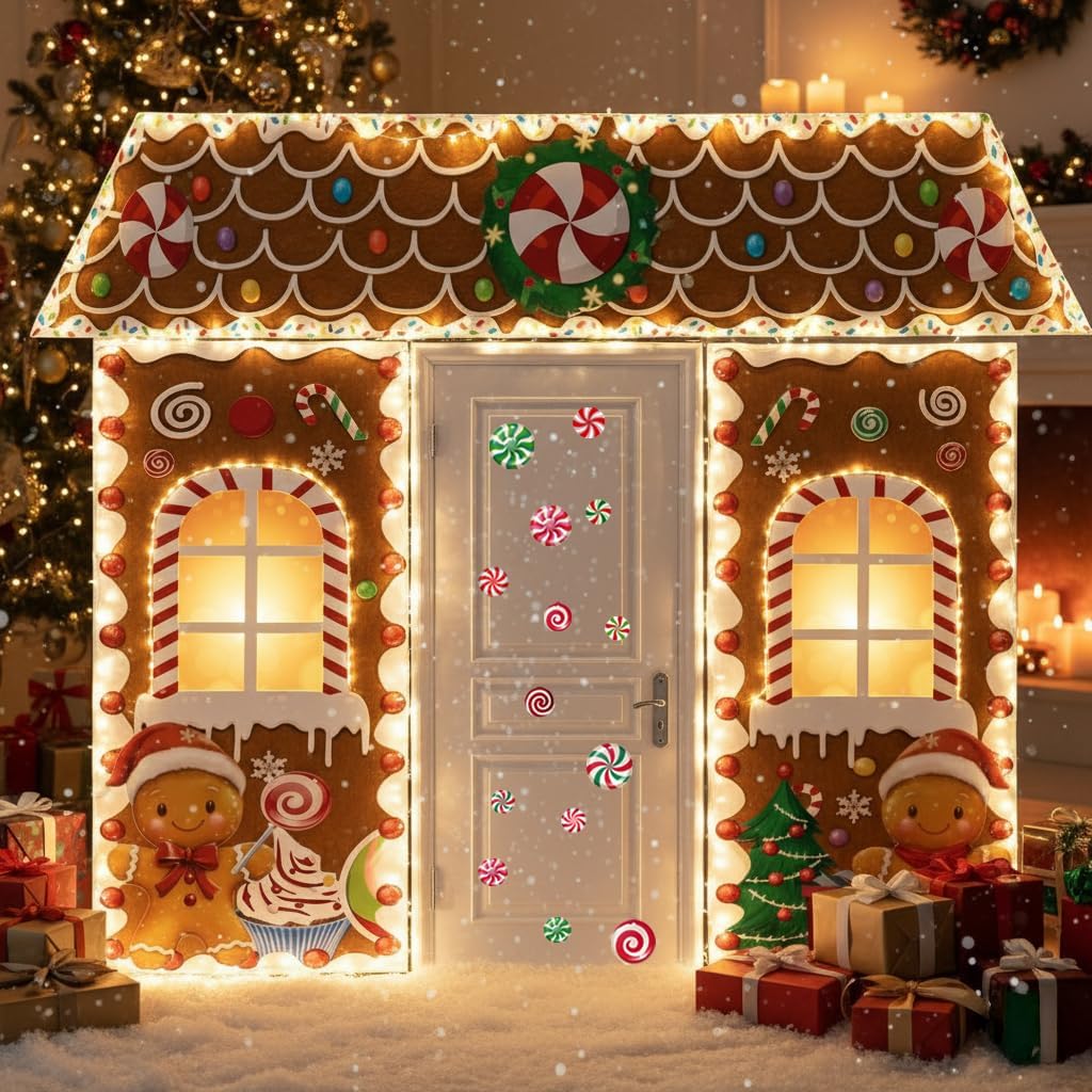 Christmas Decorations Gingerbread Man Scene Gingerbread Man House Backdrops Long LED String Light Candy Stickers Christmas Backdrop for Party & Wall Deco