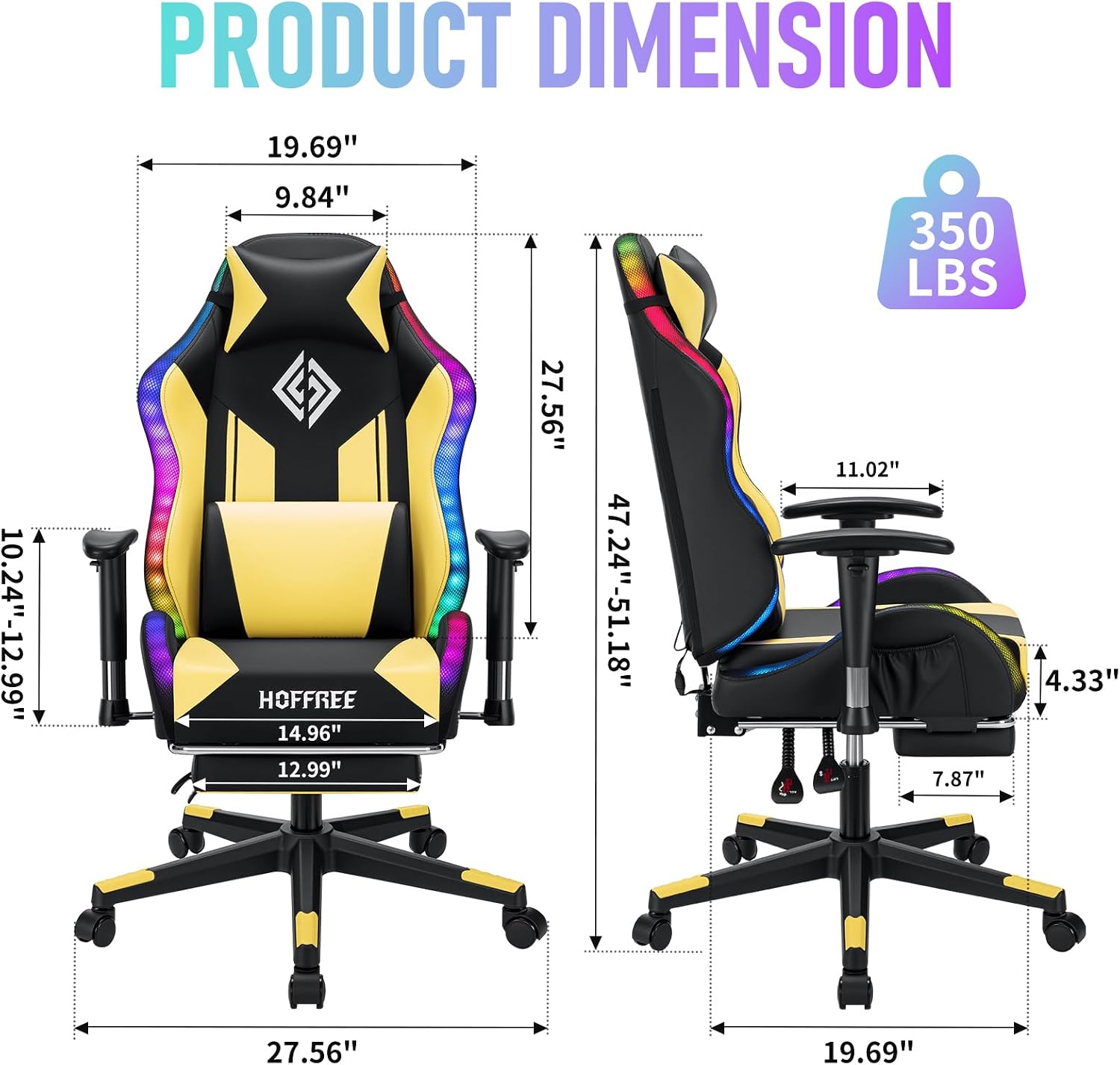 HOFFREE LED Gaming Chair for Kids Reclining Gaming Chairs for Teens 8-15 Computer Chair with Led Lights Kids PC Game Chair with Footrest and Lumbar Support Video Game Chairs Yellow and Black