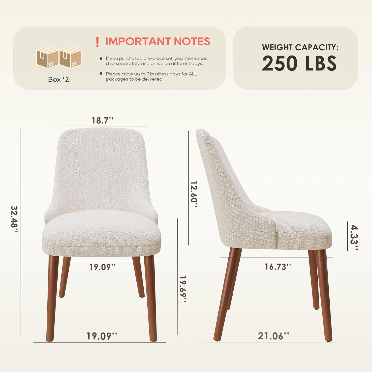 MALOL Dining Chairs Set of 4, Upholstered Dining Room Chair with Wood Legs, High-Back Padded Kitchen Chairs for Dining Room/Restaurant/Cafe, Beige