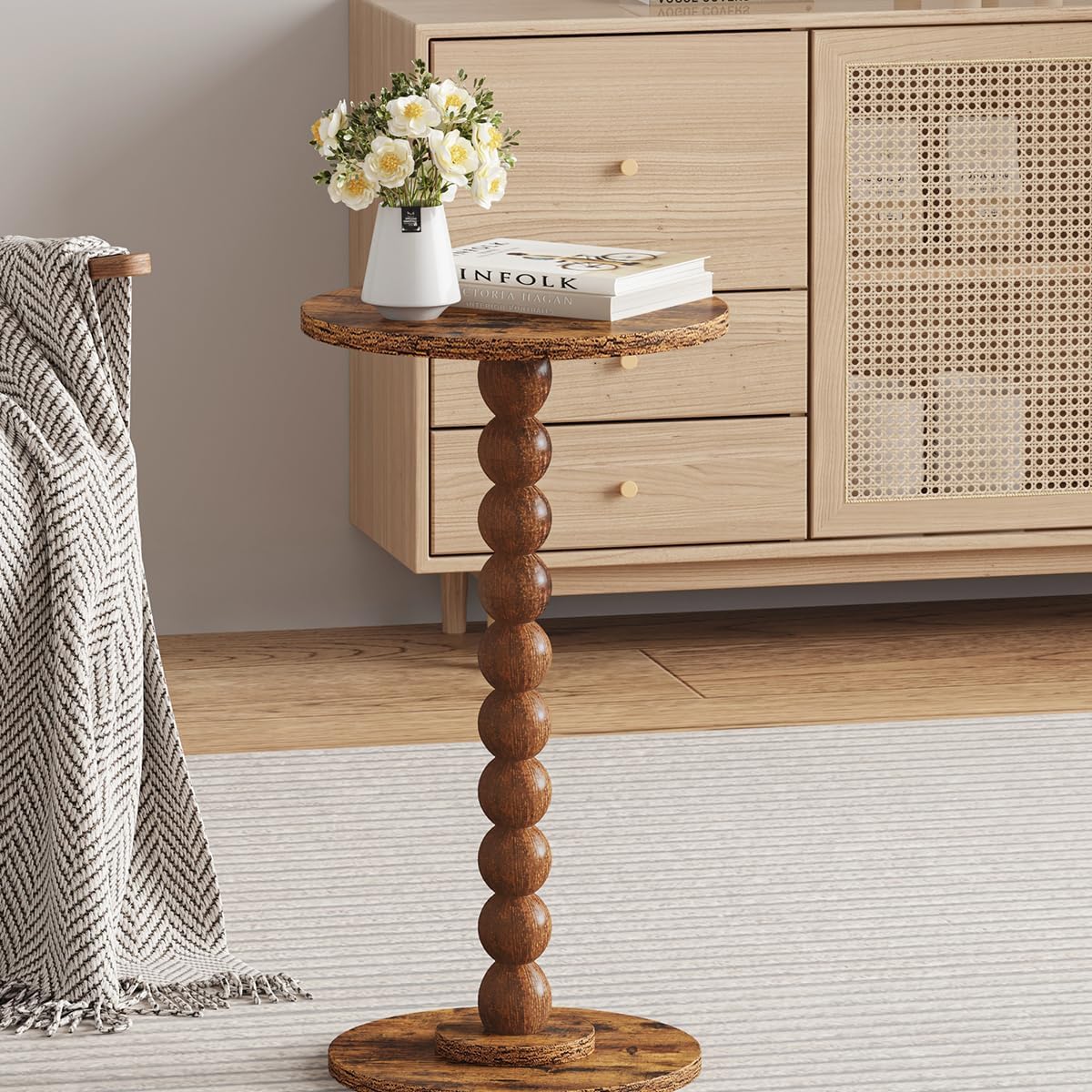 Round Side Table, Small Drink Table for Small Spaces, Pedestal End Table for Living Room, Modern Accent Nightstand with Solid Wood Leg for Bedroom, Corners and Office Brown Color UTBT005F