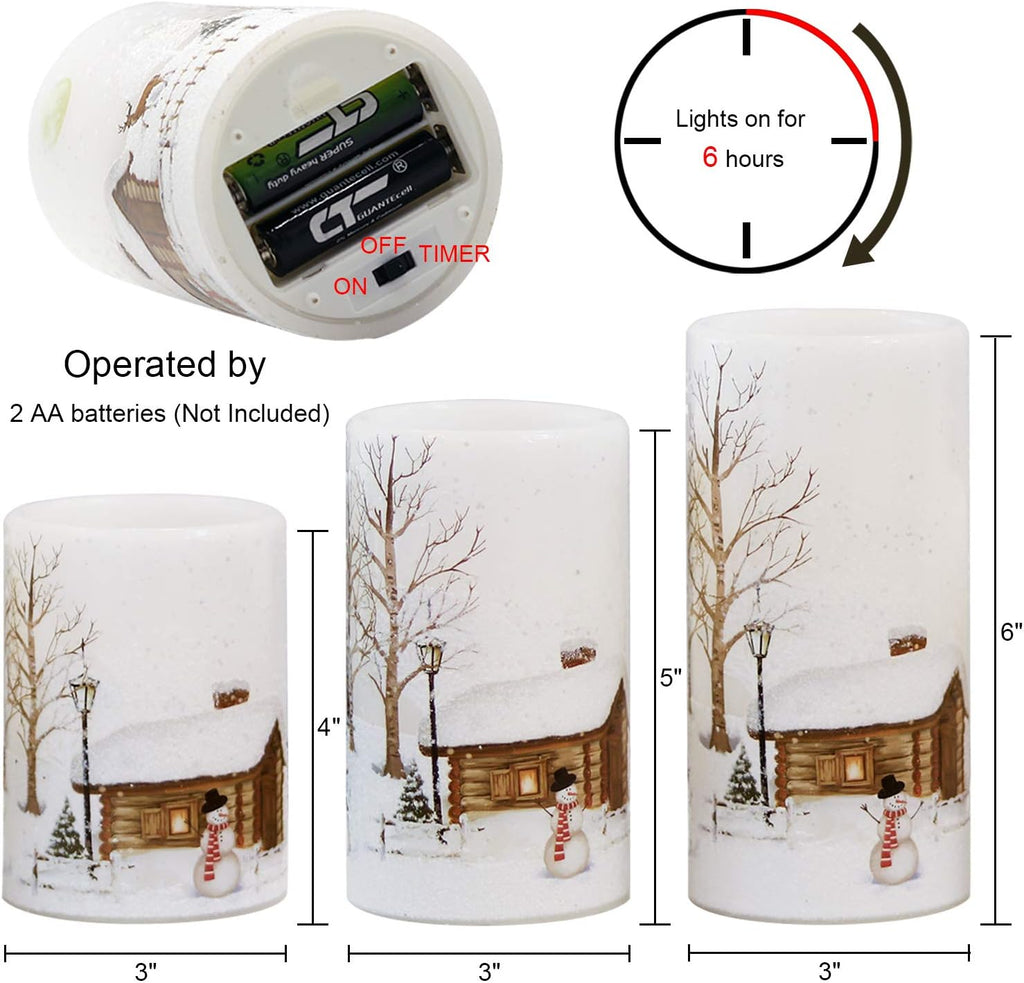 Eldnacele Snowman Christmas Deco Flameless Flickering Candles with Automatical Daily Cycle Timer, White Battery-Operated LED Pillar Candles Snowman Decals 3 Pack (D3” x H 4” 5” 6”)