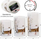 Eldnacele Snowman Christmas Deco Flameless Flickering Candles with Automatical Daily Cycle Timer, White Battery-Operated LED Pillar Candles Snowman Decals 3 Pack (D3” x H 4” 5” 6”)
