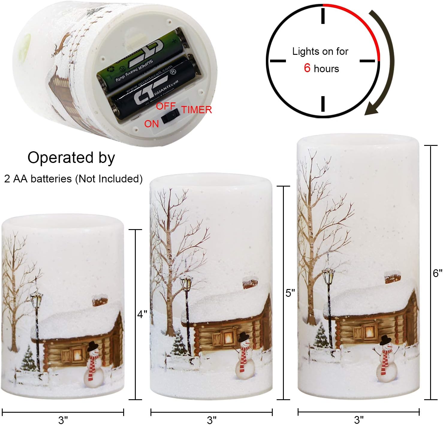 Eldnacele Snowman Christmas Deco Flameless Flickering Candles with Automatical Daily Cycle Timer, White Battery-Operated LED Pillar Candles Snowman Decals 3 Pack (D3” x H 4” 5” 6”)