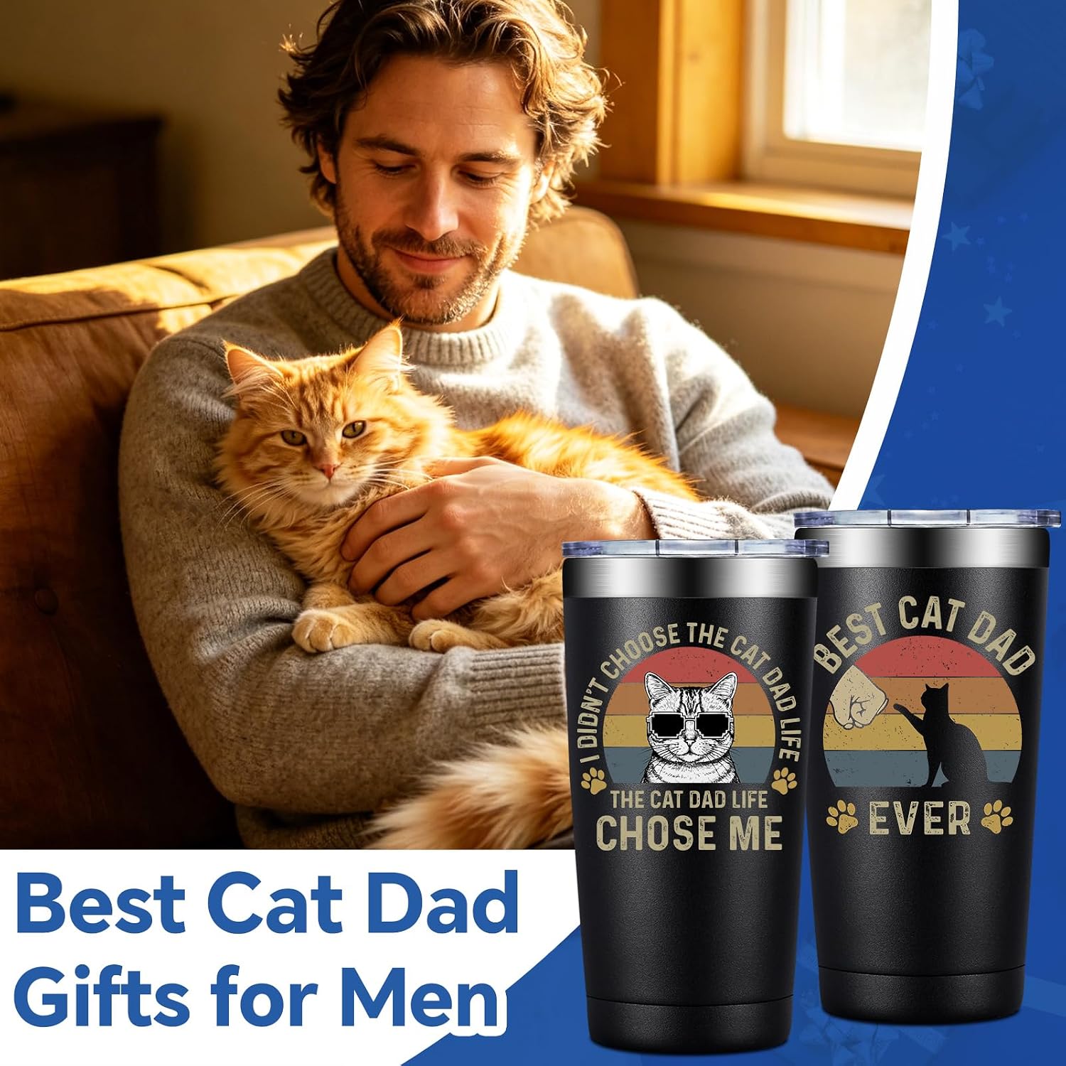 BIRGILT Best Cat Dad Gifts - Fathers Day Gift for Cat Dad, Lovers, Owners - 20oz Tumbler Cup