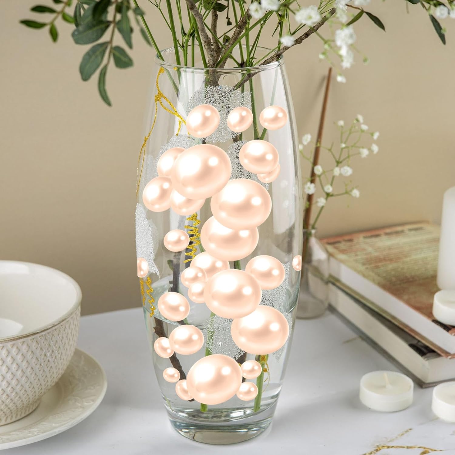 200PCS Light Champagne Floating Beads, Champagne Marbles for Vases, Floating Beads for Centerpiece Vases, Vase Filler Faux Pearls, No Holes Filler Beads for Party Wedding Decor, 10/14/20/30mm