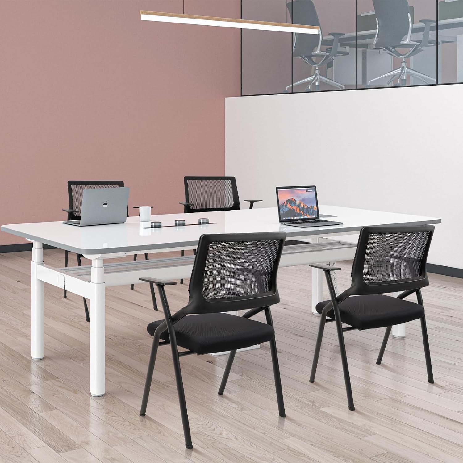 CLATINA Stackable & Foldable Office Chairs with Ergonomic Lumbar Support and Thickened Seat Cushion, Folding Mesh Fabric Reception Guest Chair for School Church Lobby Conference Room, Black (2pk)