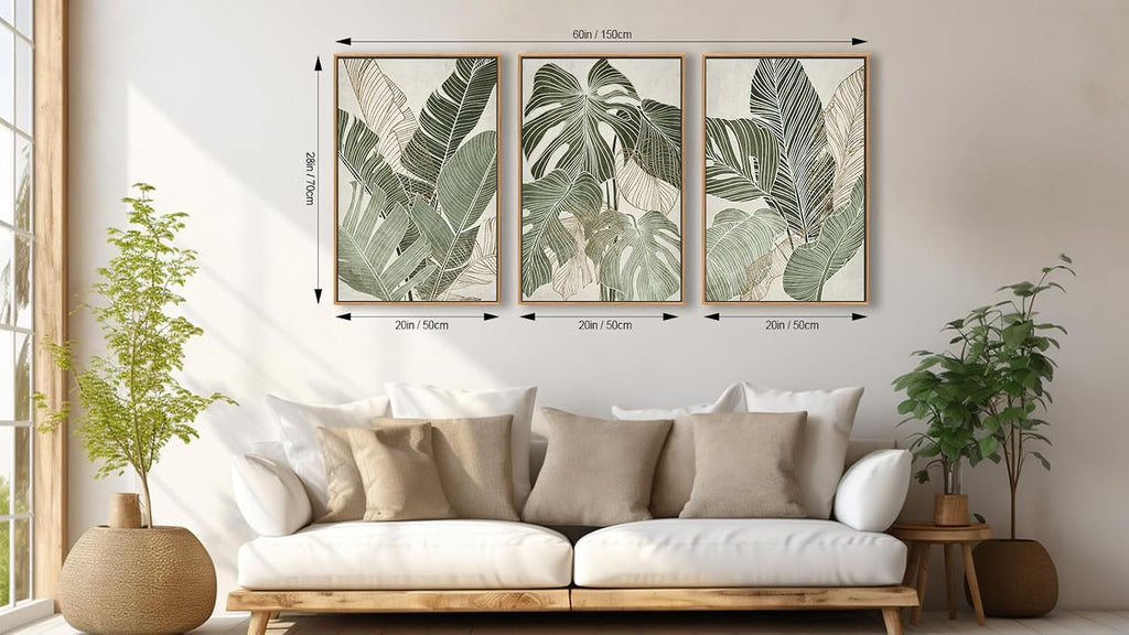 Large Framed Canvas Wall Art - Natural Float Framed Green Plantain Leaves Pictures Decor Brown Leaf Lines Painting Prints Rustic Botanical Artwork for Bedroom Living Room Decoration 60" X 28" Set of 3