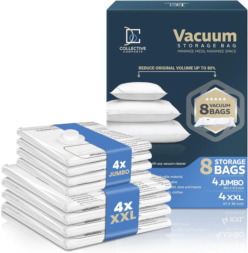 8 Pack Vacuum Storage Bags – 4 XXL & 4 Jumbo Vacuum Seal Bags for Blankets, Comforters, Clothing & Bedding - Space Saver Compression Bags