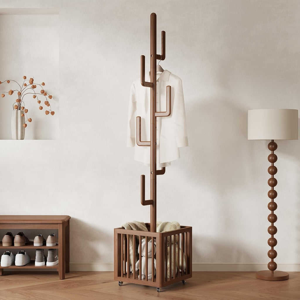 Solid Wood Cactus Coat Rack with 6 Hooks and Storage Basket, Walnut | Coat rack freestanding With 6 L-Shaped Hook,Decorative and Functional coat tree for entryway, hallway, bedroom, living room
