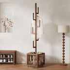Solid Wood Cactus Coat Rack with 6 Hooks and Storage Basket, Walnut | Coat rack freestanding With 6 L-Shaped Hook,Decorative and Functional coat tree for entryway, hallway, bedroom, living room