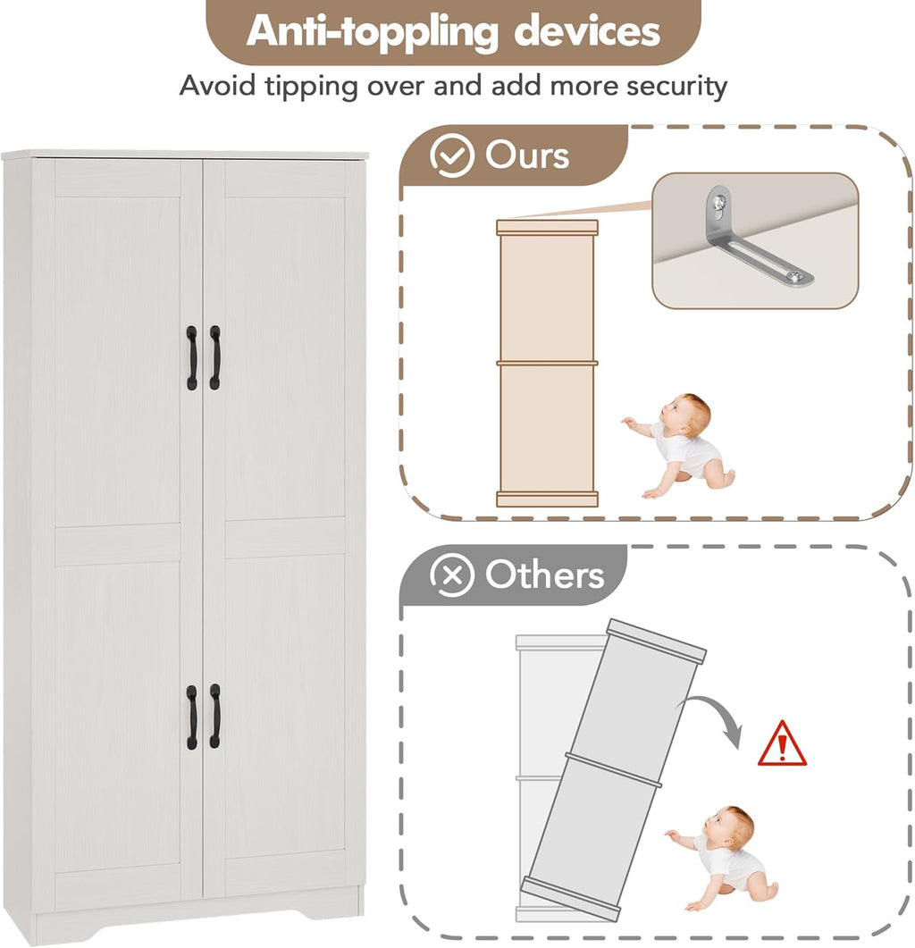 CABIHOME White Pantry Storage Cabinet 60" Tall, 2-Door Adjustable Shelf Cupboard for Kitchen, Bathroom, Living Room - Tall Storage Furniture