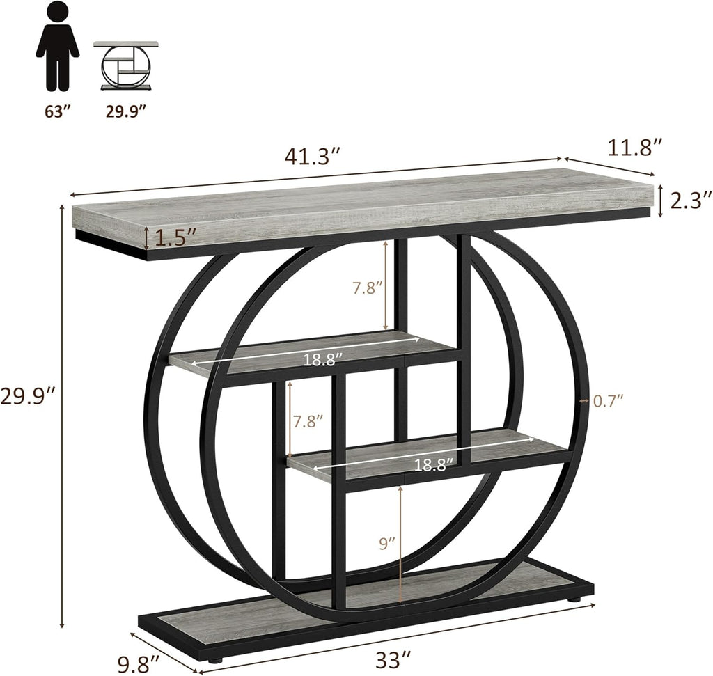 41.3" Console Table, Modern Sofa Table with Circle Base, 4-Tier Narrow Entryway Table for Hallway, Slim Industrial Accent Table with Storage Shelves for Living Room, Grey
