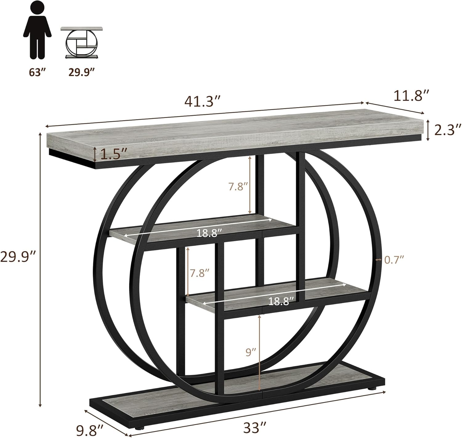 41.3" Console Table, Modern Sofa Table with Circle Base, 4-Tier Narrow Entryway Table for Hallway, Slim Industrial Accent Table with Storage Shelves for Living Room, Grey