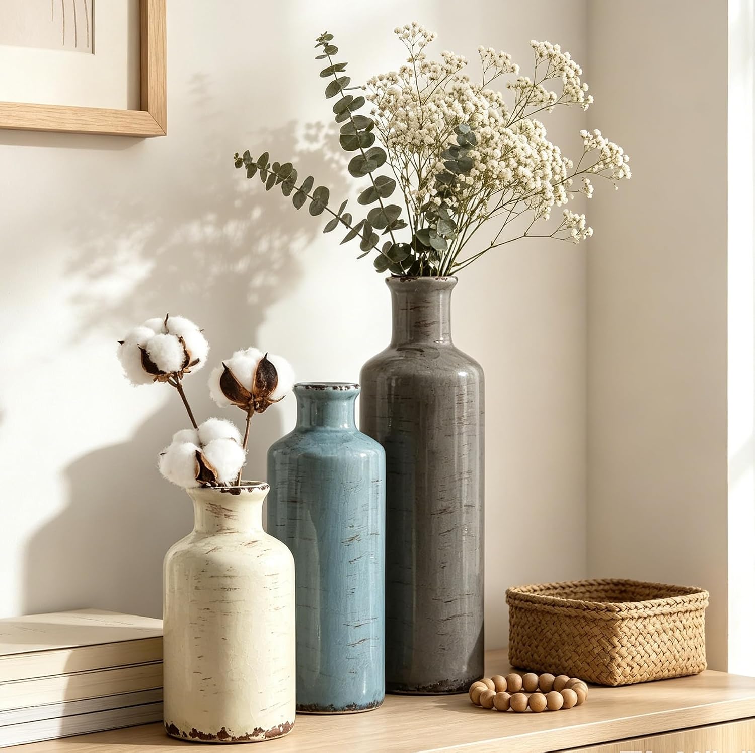 CUCUMI Ceramic Vases Set of 3, Rustic Coastal Vases Home Decor | Farmhouse Flower Vases Decor for Shelves, Ocean Beach Style, Mantle, Fireplace, Coffee Table, Shelf Decorations