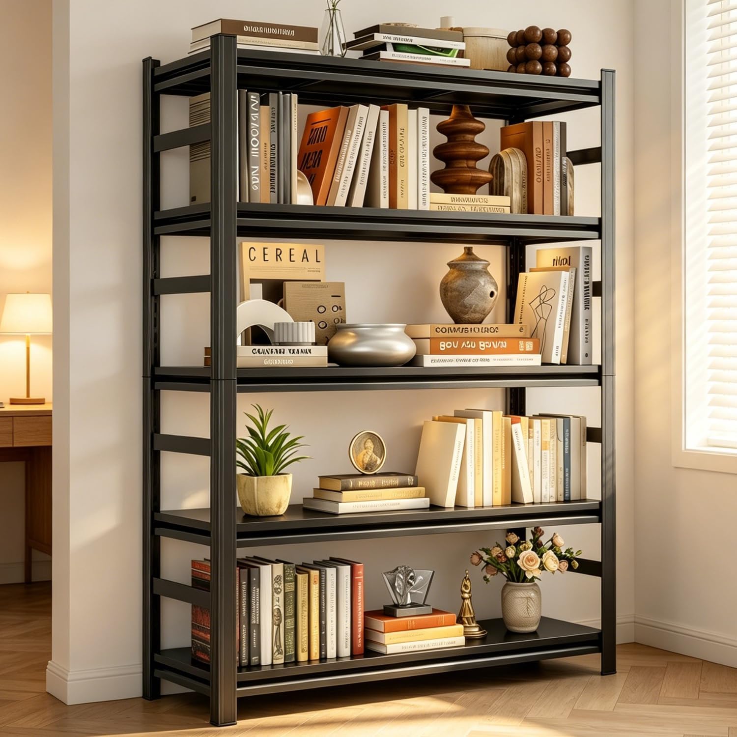 Metal Bookshelf with Sides,Adjustable 72" Tall Industrial Bookcase,5 Tier Heavy Duty Shelving Unit,2000LBS Book Storage Shelves,Wide Book Shelf for Bedroom,Living Room,Home,Office,72H×36W×16D,Black